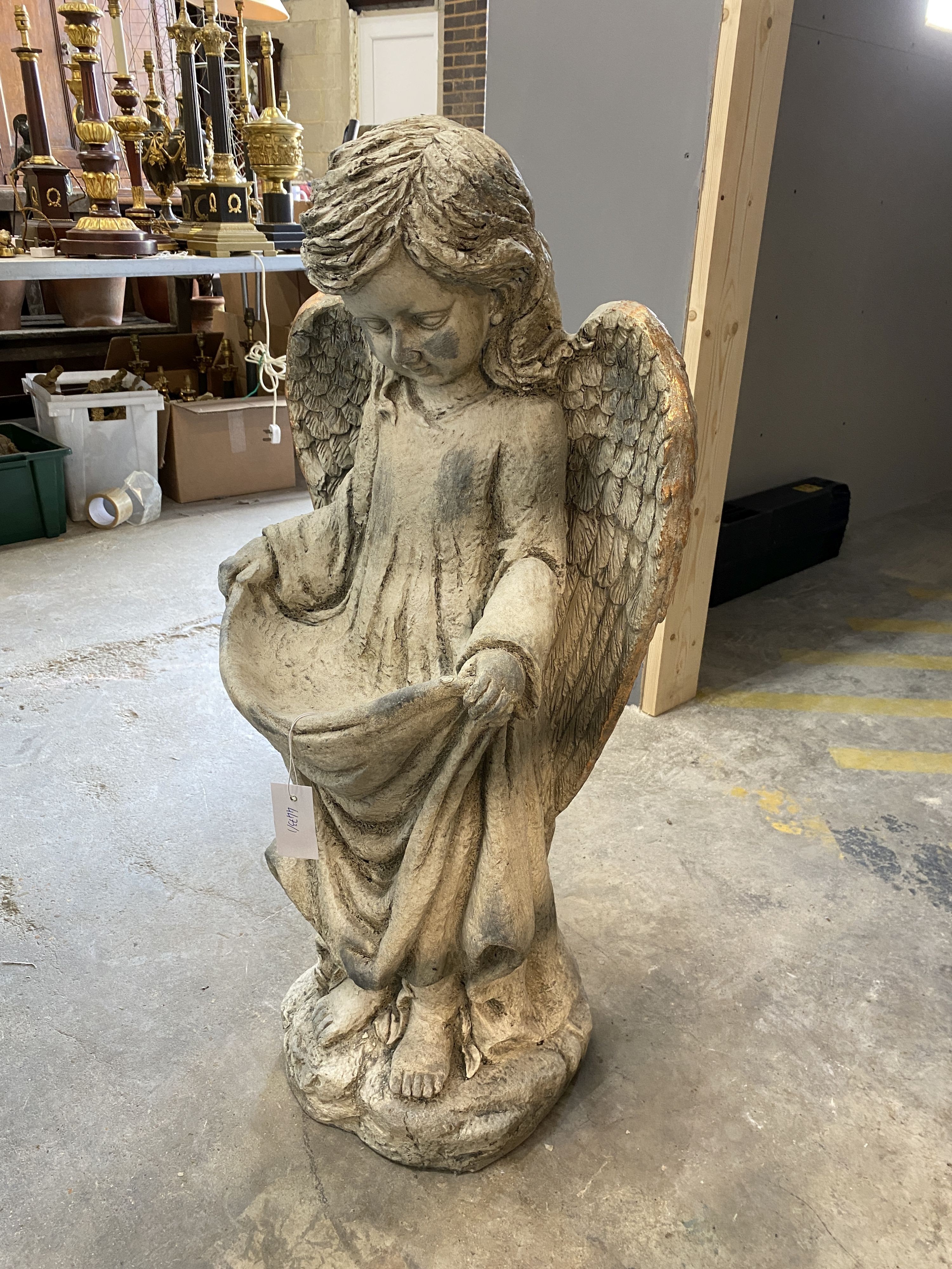 A fibre clay parcel gilt 'Angel' garden birdbath, height 92cm